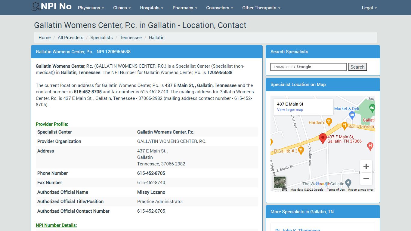 Gallatin Womens Center, P.c. in Gallatin - Location, Contact - NPI No